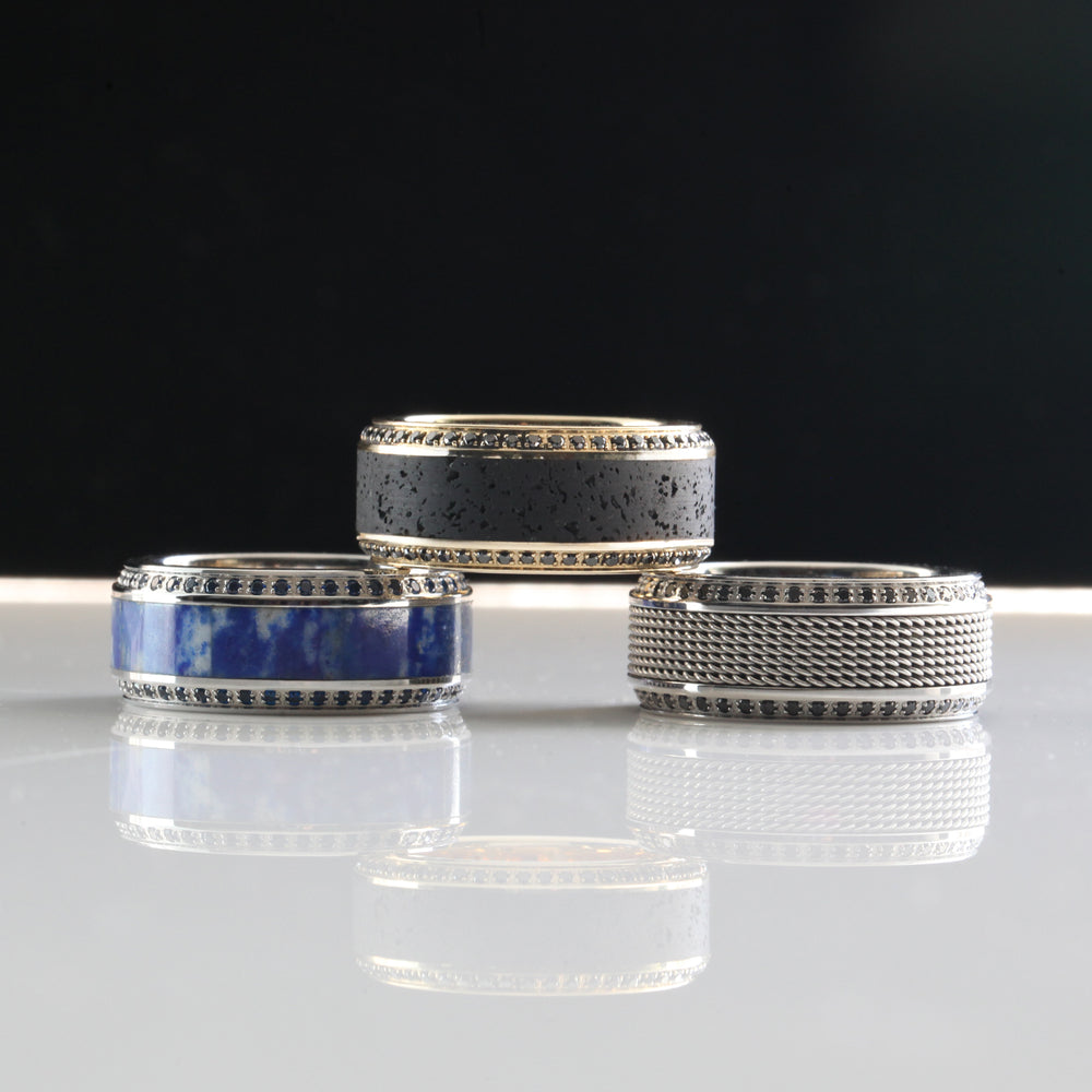 HYPERION Lava Inlaid 10K Yellow Gold Wedding Ring Polished Beveled Edges Set W/ Round Black Diamonds - 10mm