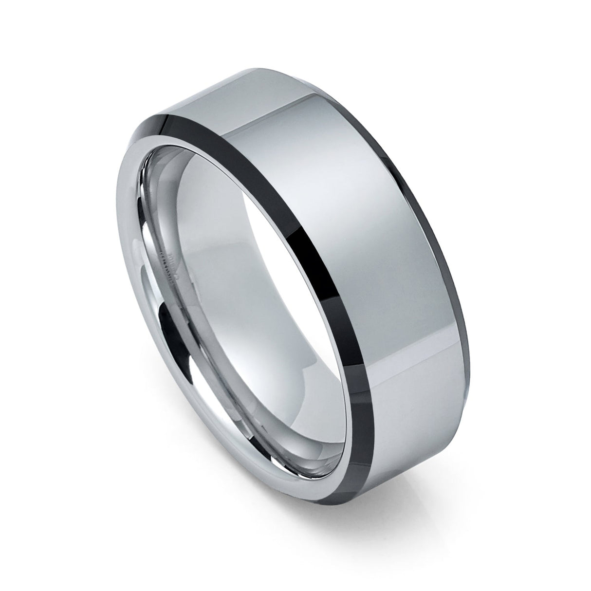 Men's Silver Tungsten Carbide Ring Polished Finish Black Beveled Edges - 8mm