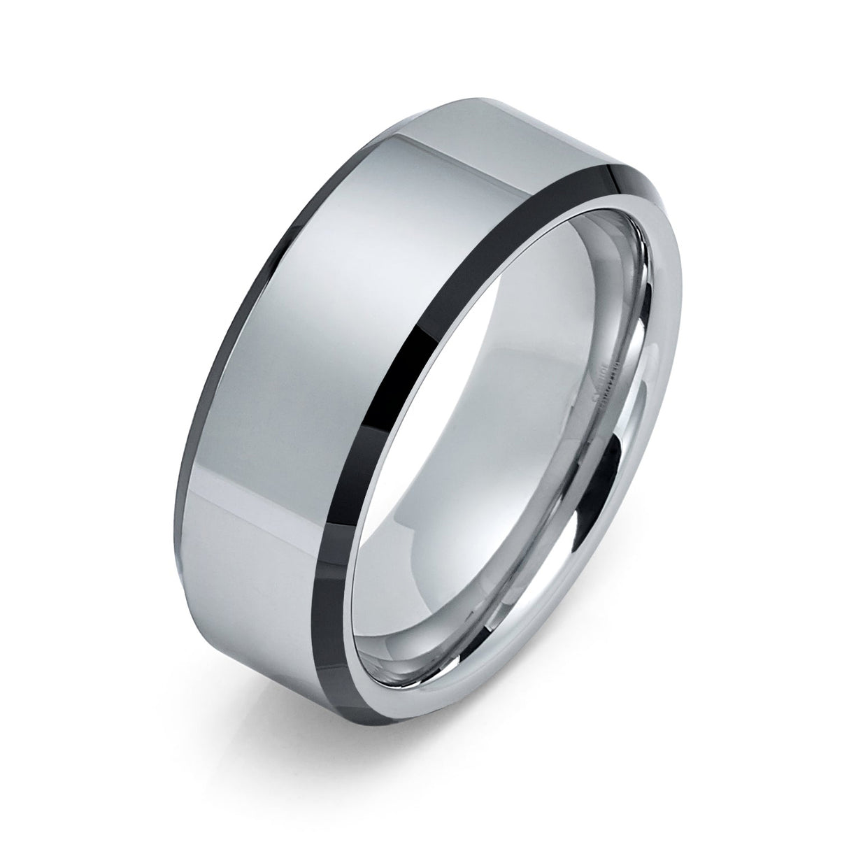 Men's Silver Tungsten Carbide Ring Polished Finish Black Beveled Edges - 8mm