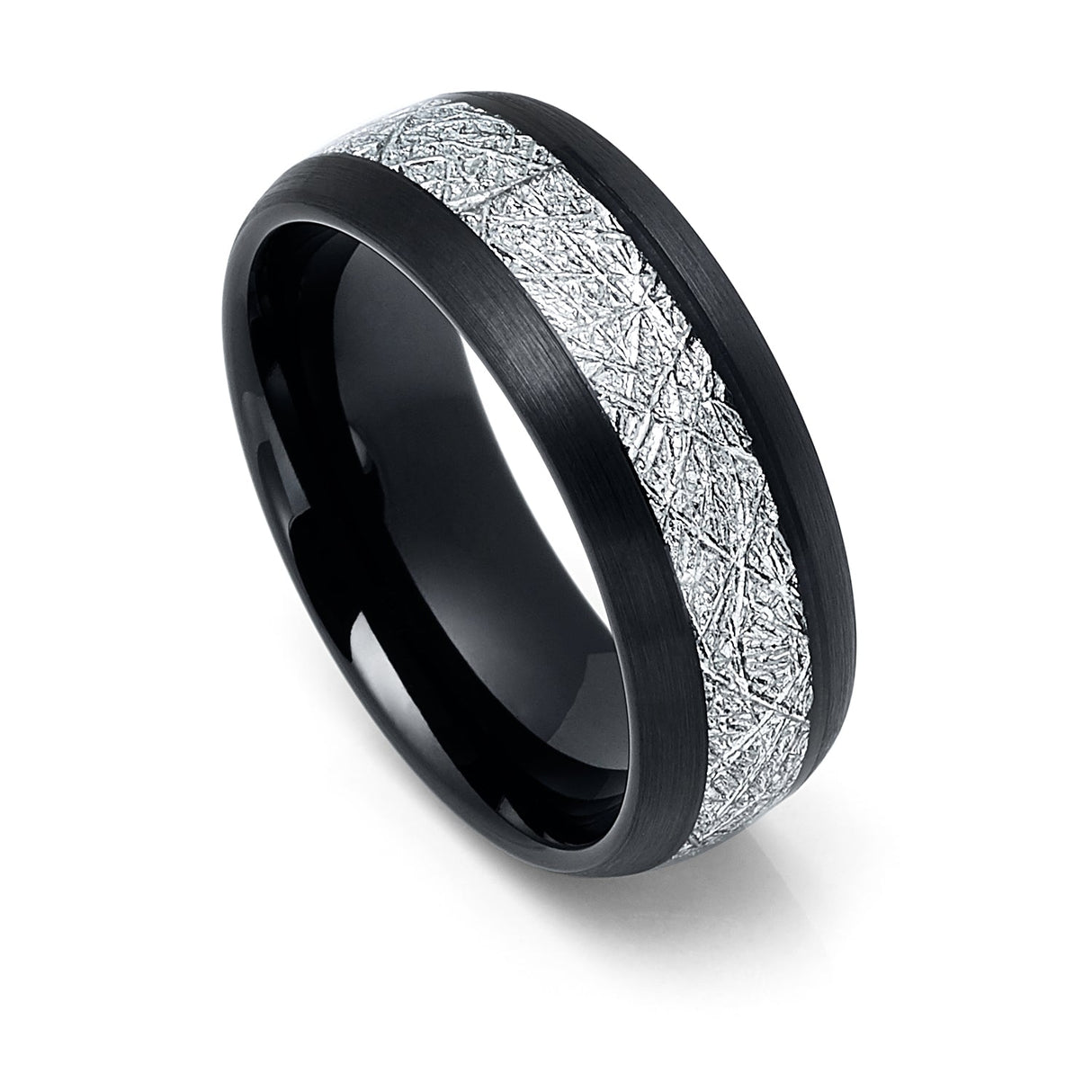 8mm Mens Black Brushed Tungsten Carbide Ring W/ Meteorite Inlay Domed
