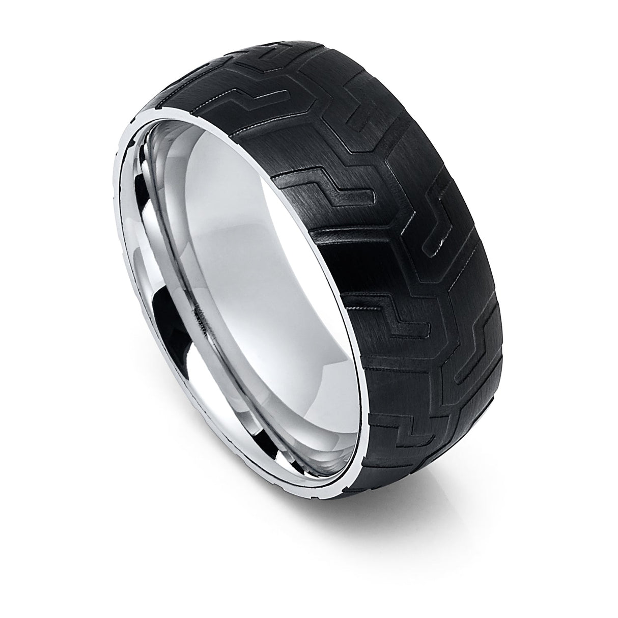 Men's Black & Silver Tungsten Carbide Laser Carved Tire Tread Domed - 9mm