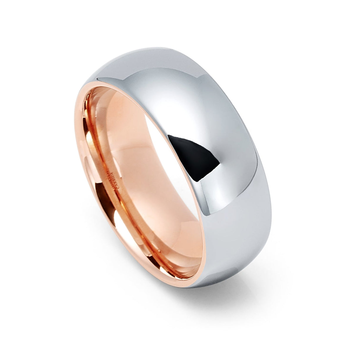 Rose Gold Tungsten Ring High Polished Silver Center - 8mm