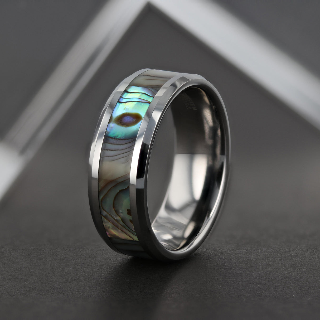 14k White Gold Polished Beveled Edges W/ Mother of Pearl Inlay - 8 mm