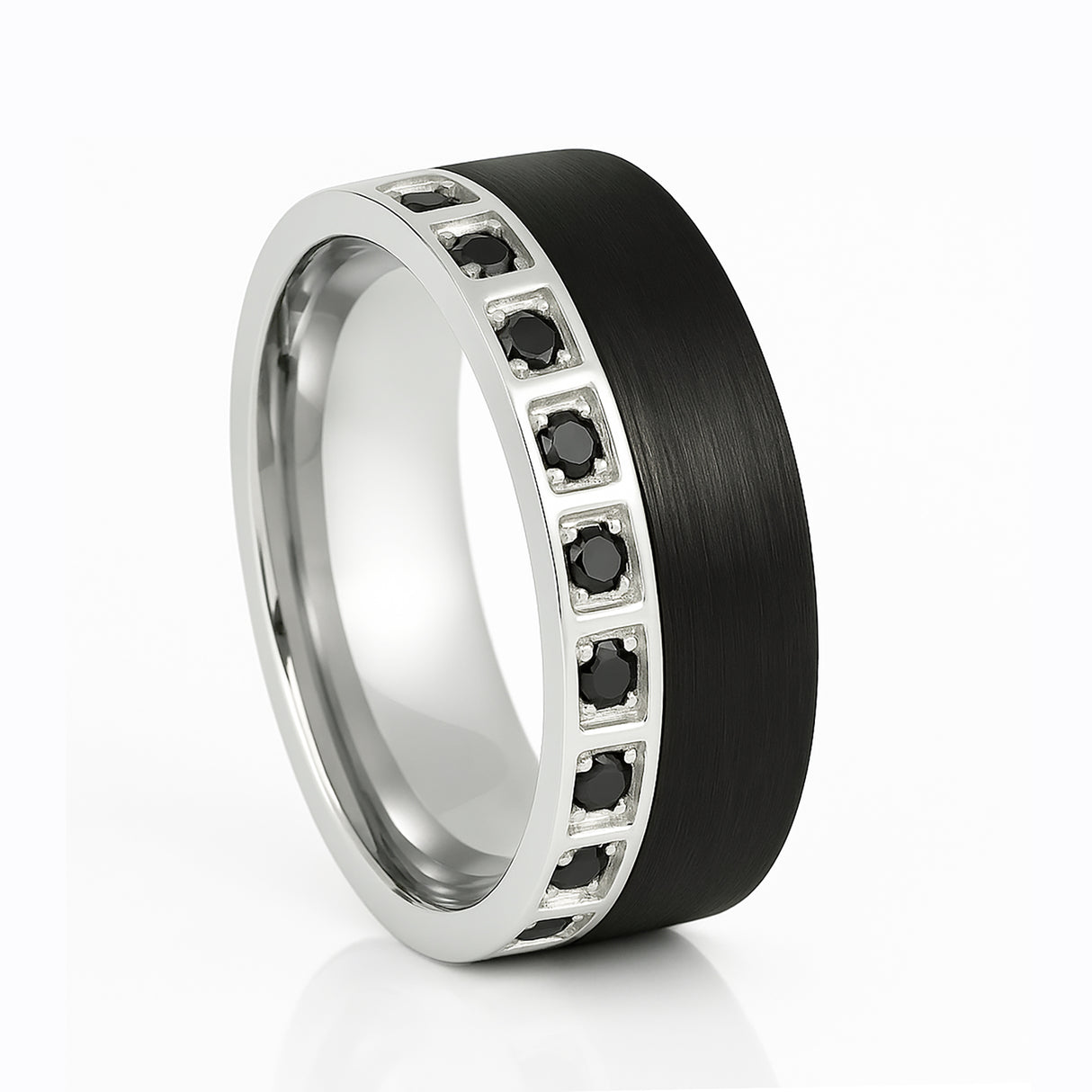 8mm - Black Brushed Tungsten Carbide Wedding Ring Silver W/ Black CZ Diamonds