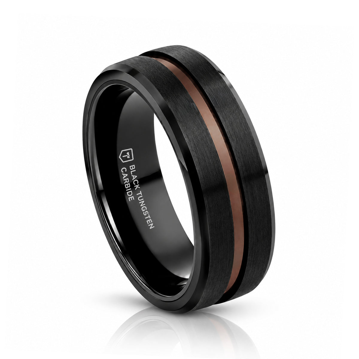 NEVAN Flat Brushed Black Tungsten Men’s Wedding Band with Espresso Groove Center - 8mm