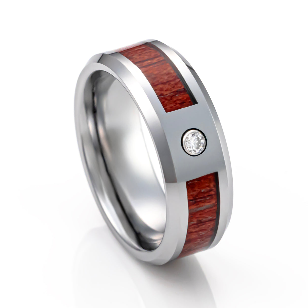 8mm Tungsten Carbide Wedding Ring W/ Single Diamond & Koa Wood band