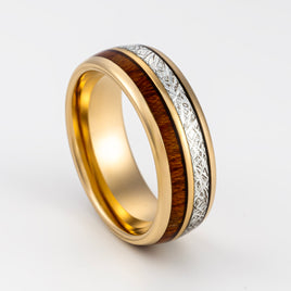 8MM- Tungsten Wedding Band, Meteorite & Koa Wood, Gold Wedding Ring