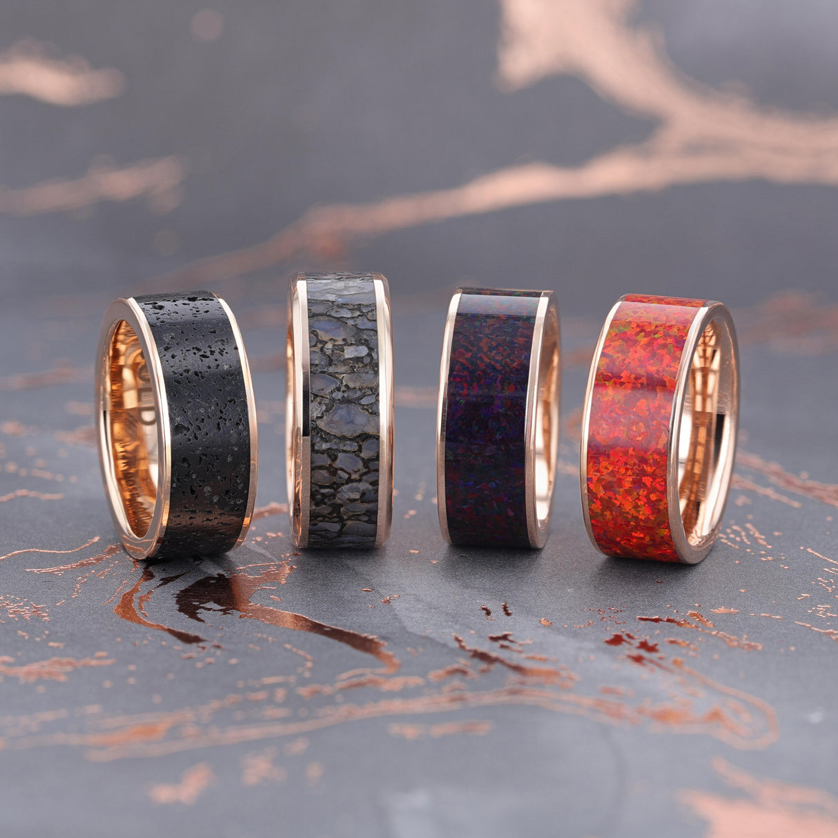 14K Rose Gold Polished Beveled Edges W/ Blue Dinosaur Inlay - 8mm