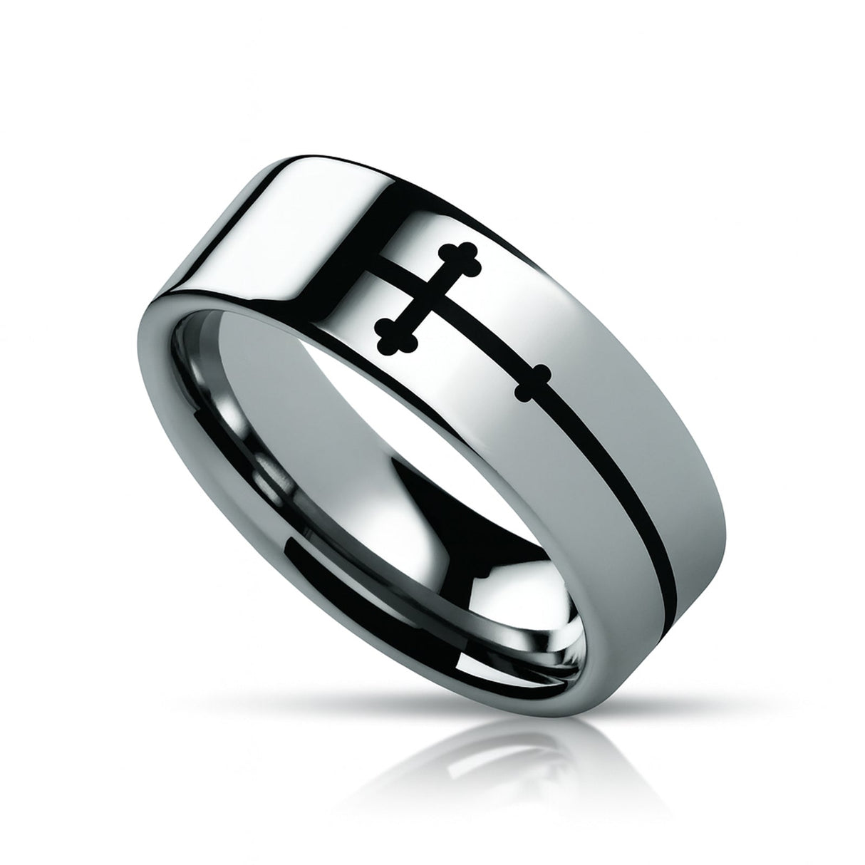 SIDEWAYS CROSS on Flat Tungsten Carbide Ring