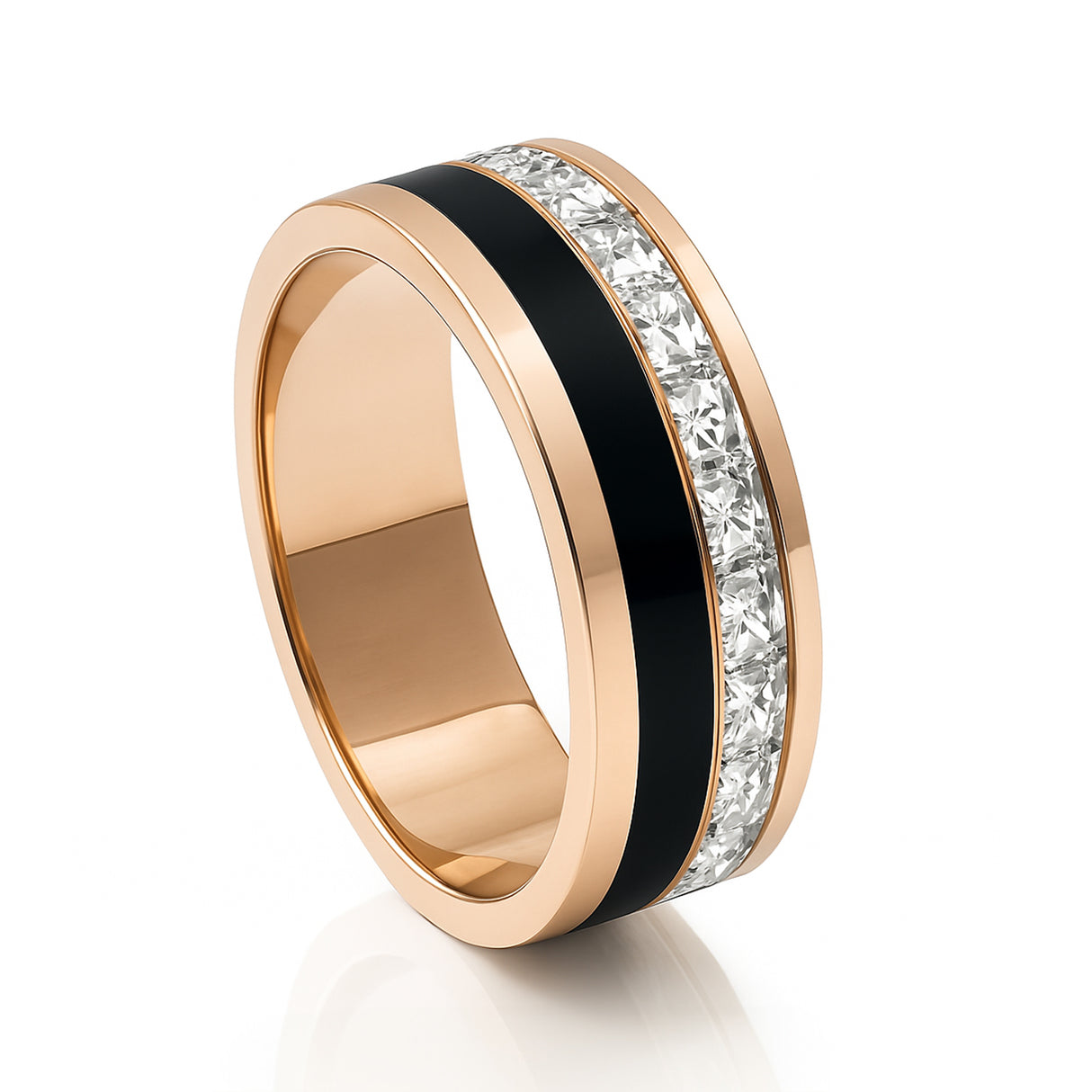 7mm - Mens Titanium Rose Gold Black IP Plated Ring Princess Cut Flat Top