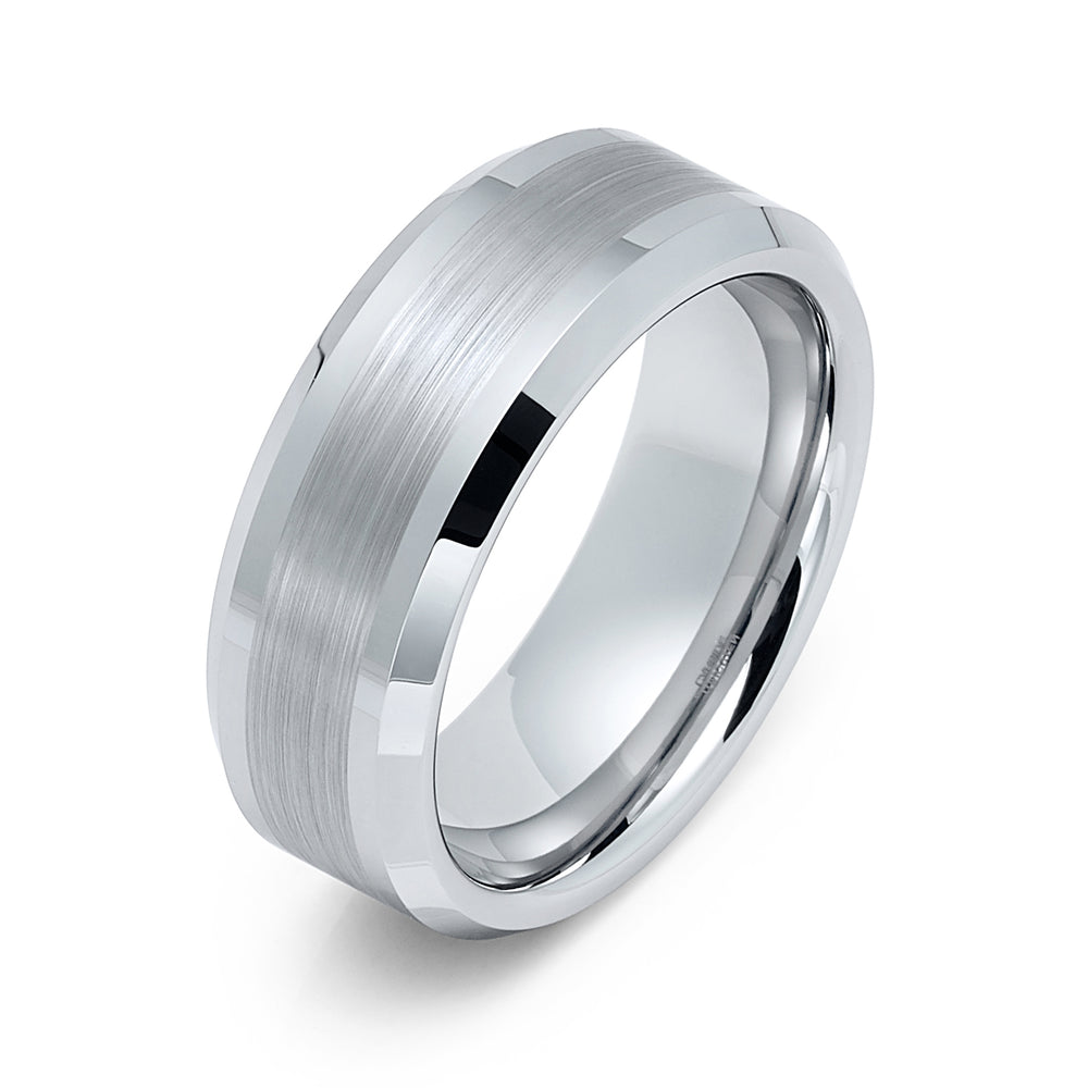 8mm - Silver Tungsten Wedding Band, Brushed Center Finish, Silver Tungsten Ring,