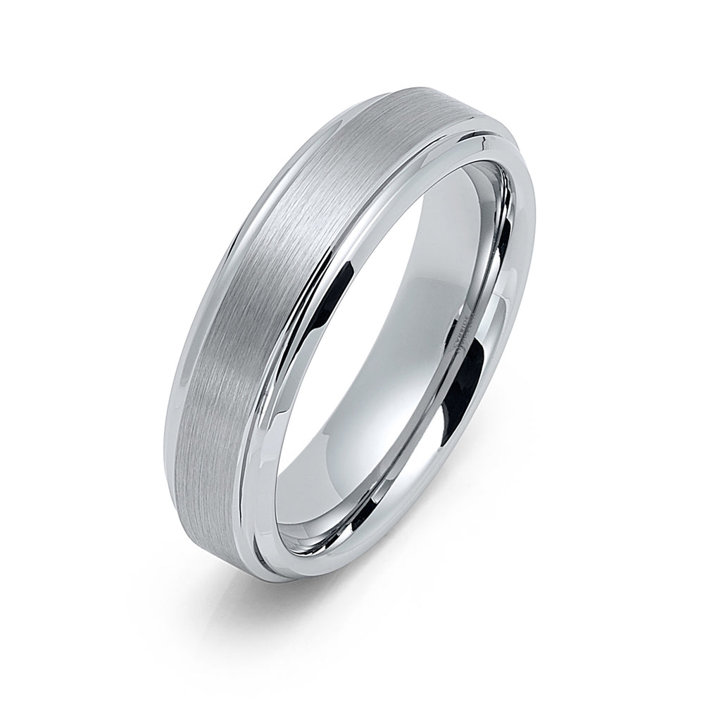 6mm - Tungsten Silver wedding Ring, Brush Finish, With Stepped Edges,