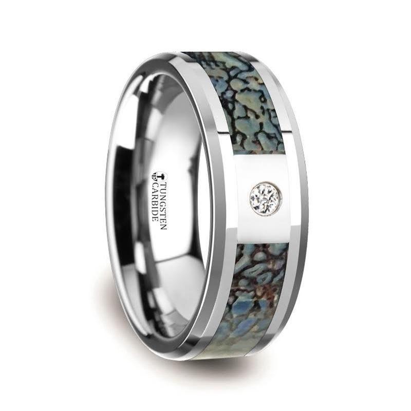 Blue Dinosaur Bone Inlaid Tungsten Diamond Band