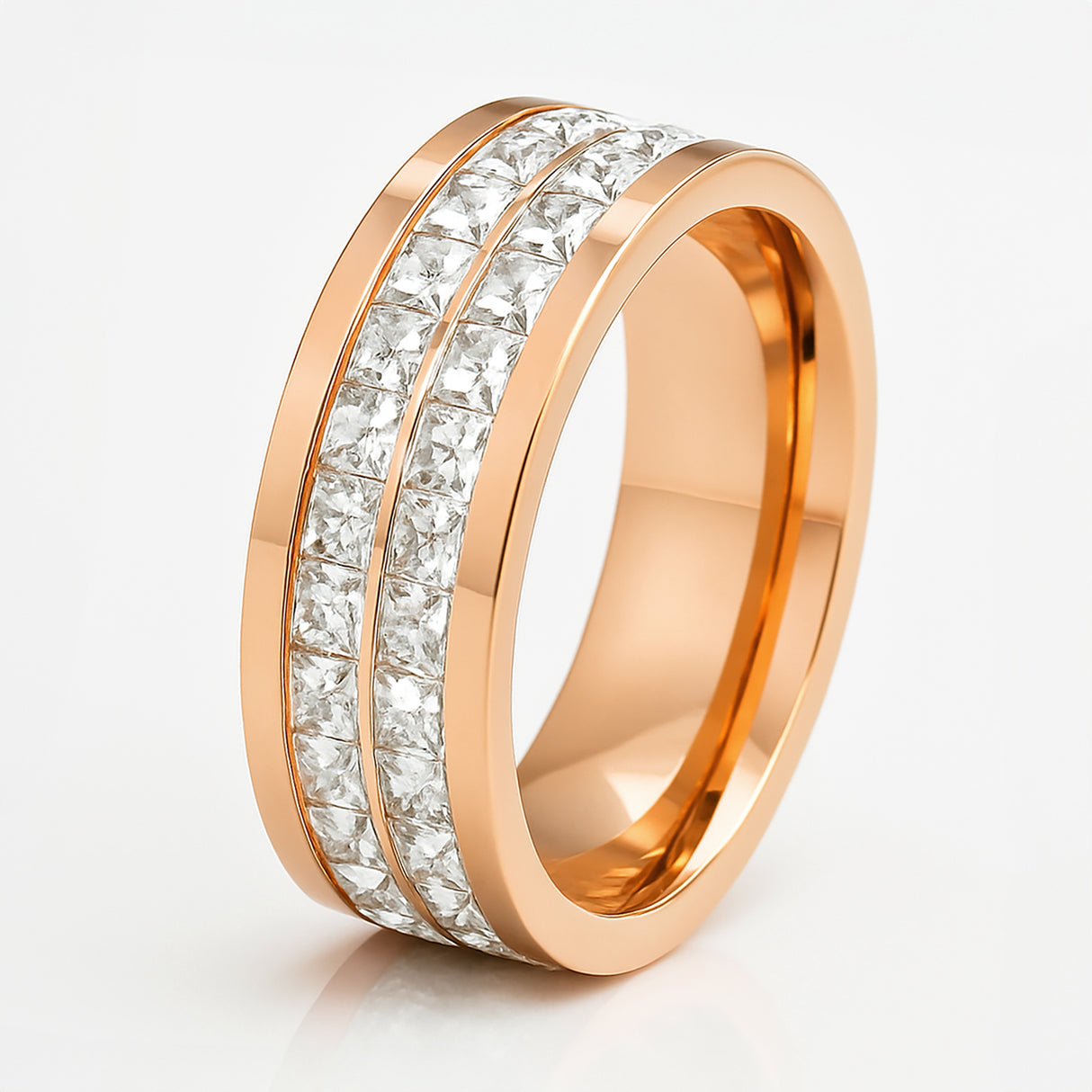 8mm - Mens Titanium Rose Gold Ring IP Plated Flat Top Double Row Princess Cut