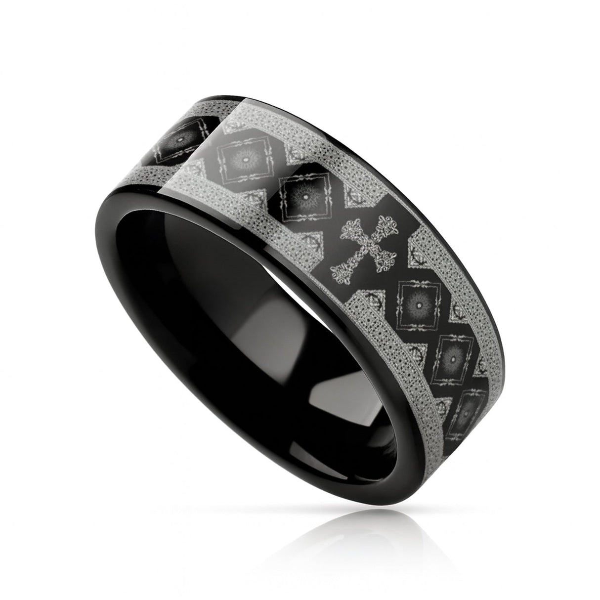 CATHOLY Black Flat Tungsten Carbide Ring with Engraved Cross Pattern
