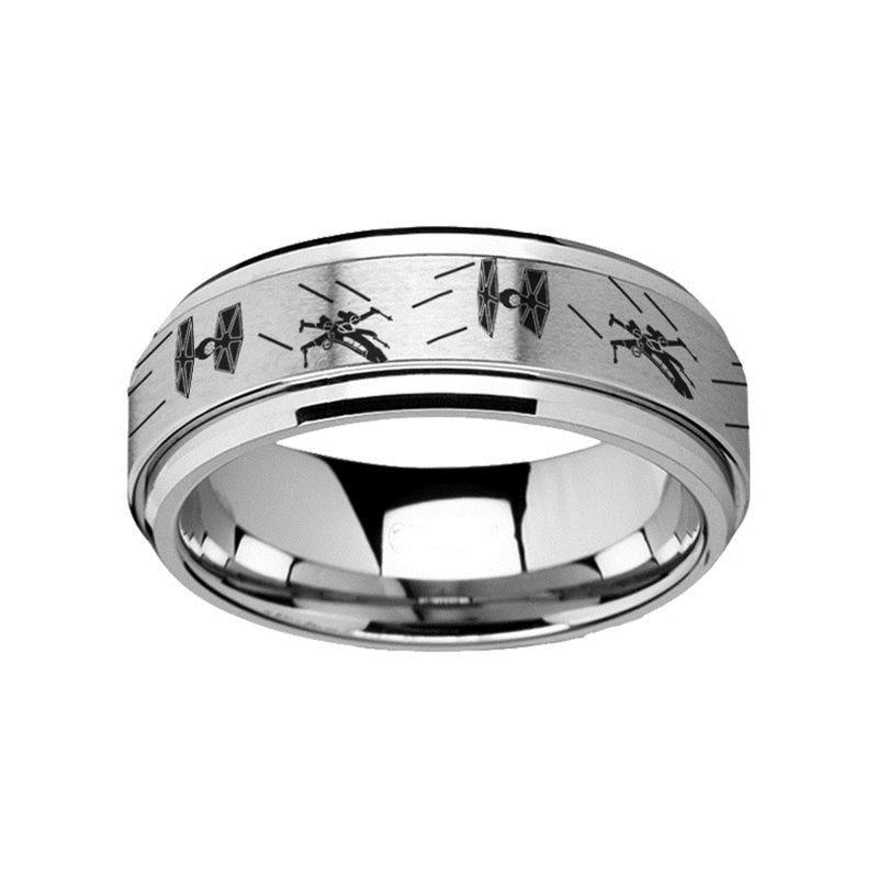 Spinning Tie Fighter X-Wing Design Tungsten Carbide Spinner Wedding Band - 8mm