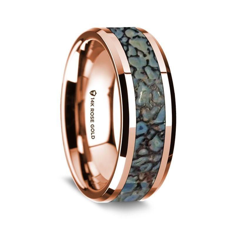 14K Rose Gold Polished Beveled Edges W/ Blue Dinosaur Inlay - 8mm