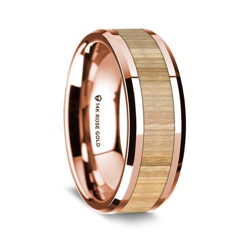 14K Rose Gold Polished Beveled Edges W/ Ash Wood Inlay - 8 mm