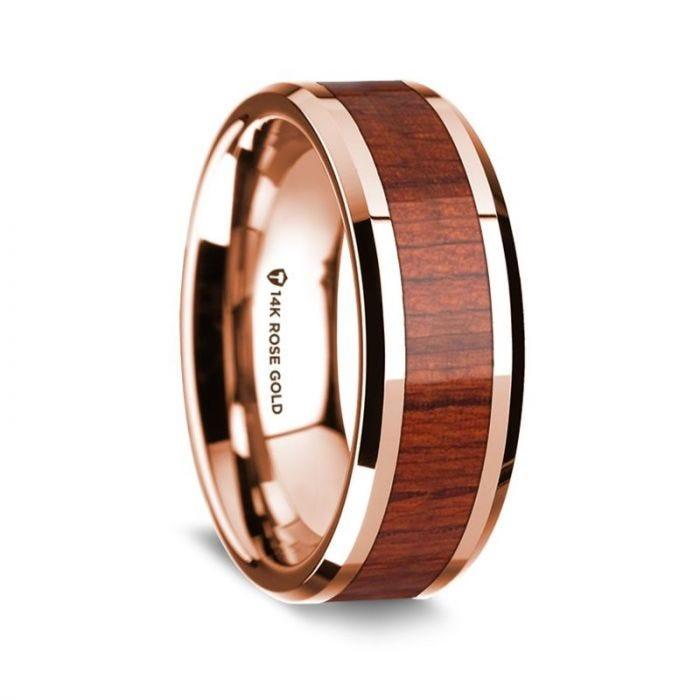 14K Rose Gold Polished Beveled Edges W/ Padauk Inlay - 8 mm