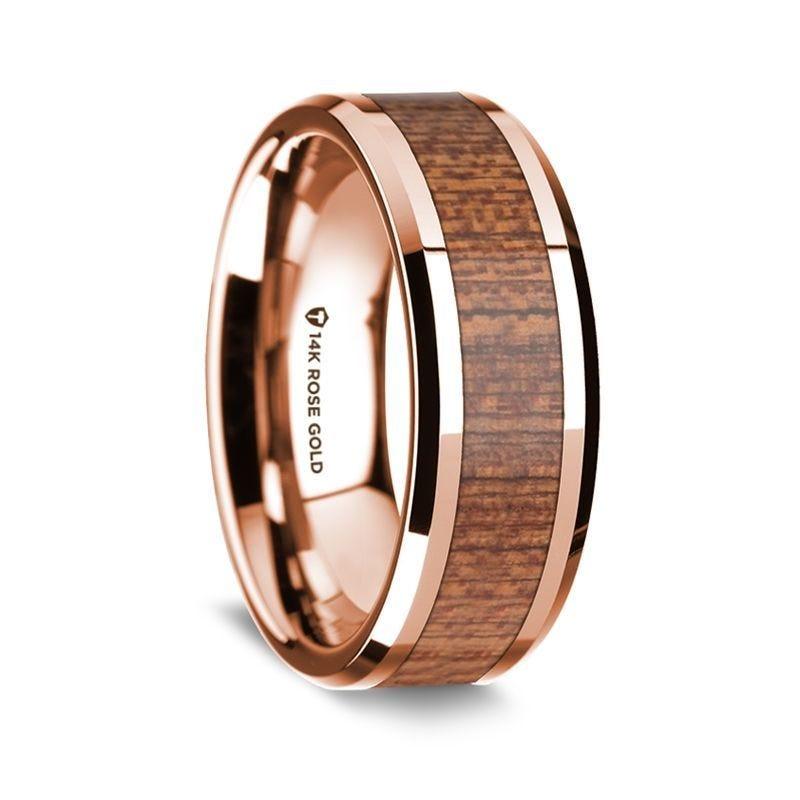 14K Rose Gold Polished Beveled Edges W/ Sapele Inlay - 8 mm