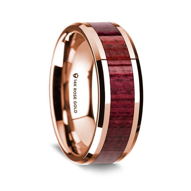 14K Rose Gold Polished Beveled Edges W/ Purple Heart Wood Inlay - 8mm