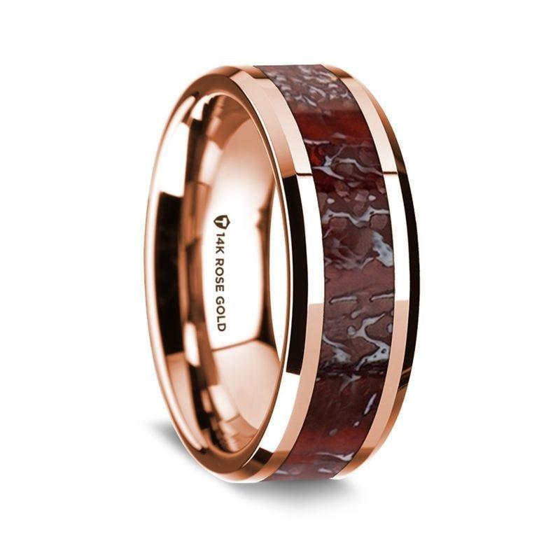14K Rose Gold Polished Beveled Edges W/ Red Dinosaur Bone Inlay - 8mm