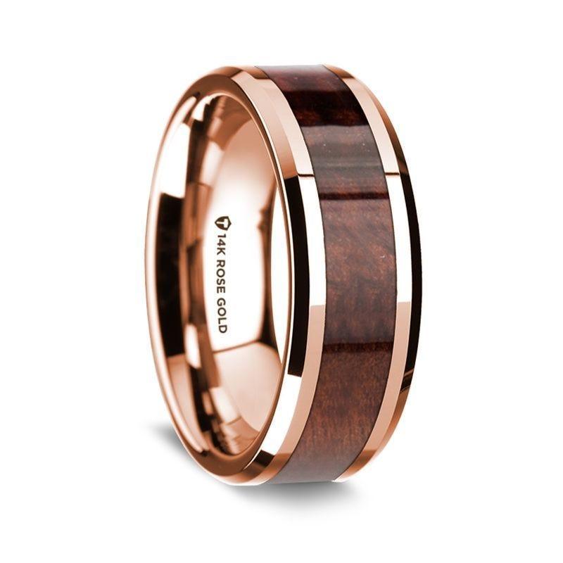 14K Rose Gold Polished Beveled Edges W/ Redwood Inlay - 8 mm