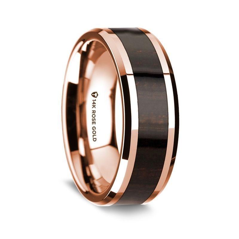 14K Rose Gold Polished Beveled Edges W/ Ebony Wood Inlay - 8 mm