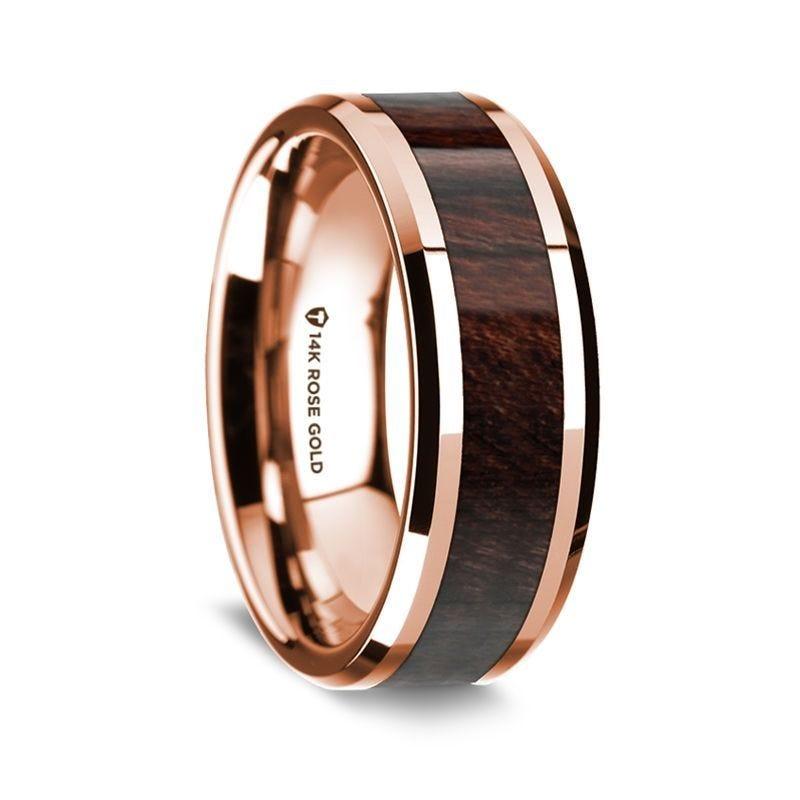 14K Rose Gold Polished Beveled Edges W/ Bubinga Wood Inlay - 8 mm