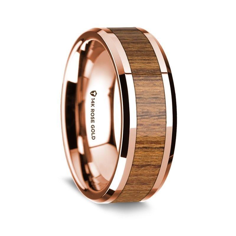 14K Rose Gold Polished Beveled Edges W/ Teakwood Inlay - 8 mm