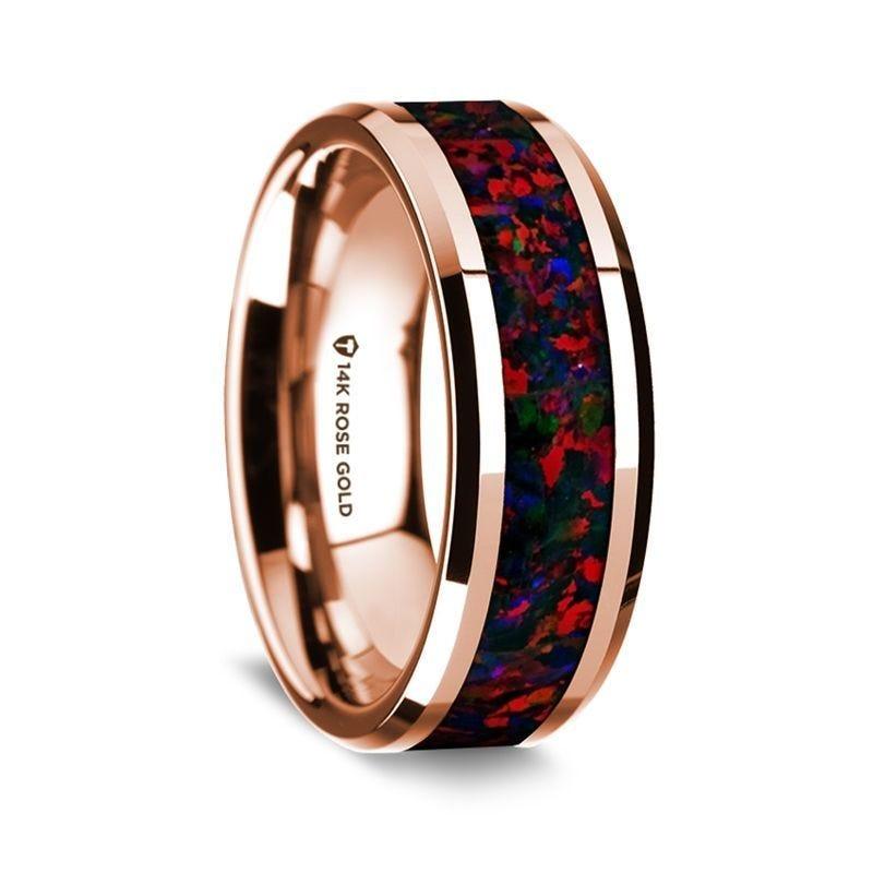 14K Rose Gold Polished Beveled Edges W/ Black and Red Opal Inlay - 8mm