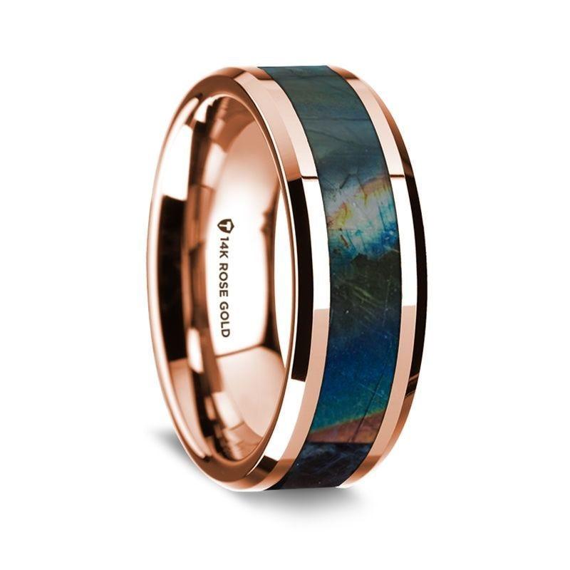 14K Rose Gold Polished Beveled Edges W/ Spectrolite Inlay - 8 mm