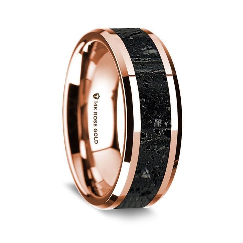 14K Rose Gold Polished Beveled Edges W/ Lava Inlay - 8 mm
