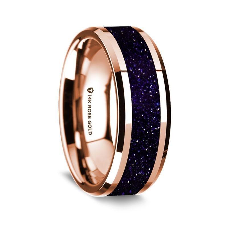 14K Rose Gold Polished Beveled Edges W/ Purple Goldstone Inlay - 8 mm