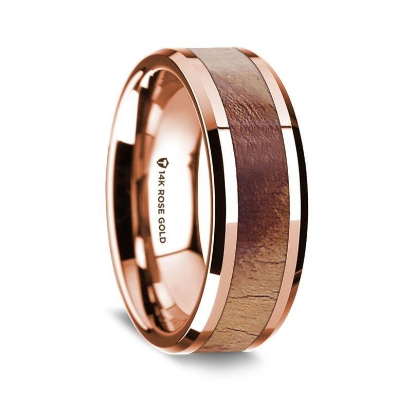 14K Rose Gold Polished Beveled Edges W/ Olive Wood Inlay - 8 mm