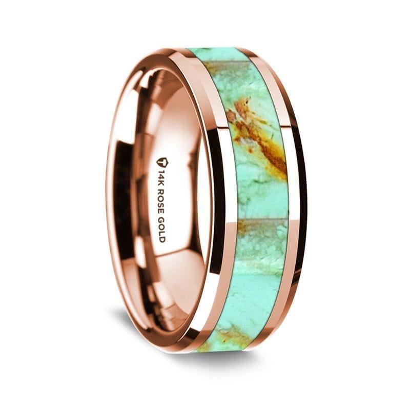 14K Rose Gold Polished Beveled Edges W/ Turquoise Inlay - 8 mm
