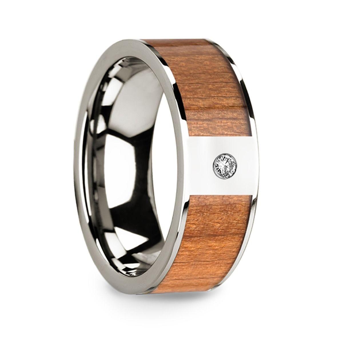 Sapele Wood Inlaid Polished 14k White Gold Men's Wedding Ring Single Diamond