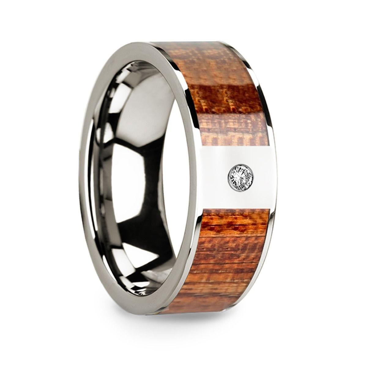 Men's Polished 14k White Gold Wedding Band with Mahogany Wood Inlay & Diamond - 8mm