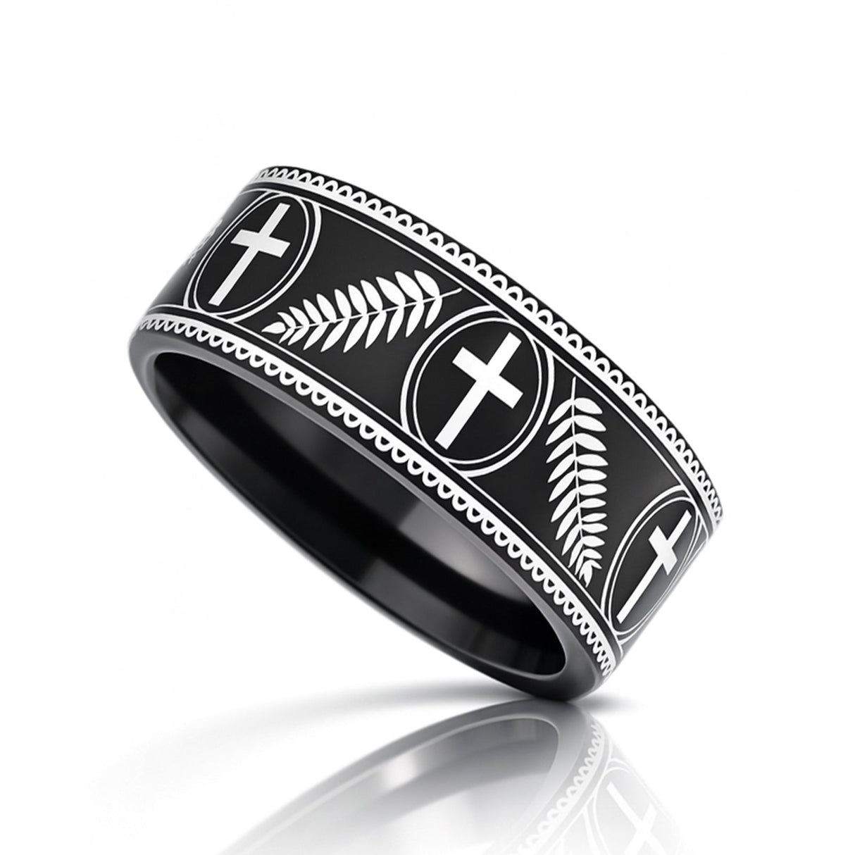 PALM BRANCHES on Black Flat Tungsten Carbide Ring
