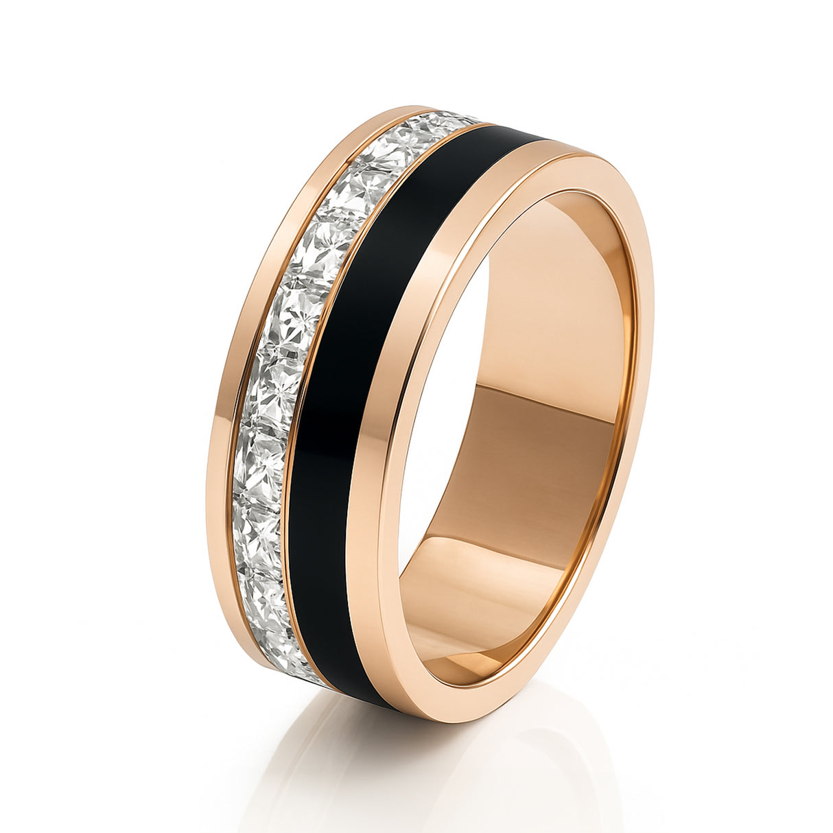 7mm - Mens Titanium Rose Gold Black IP Plated Ring Princess Cut Flat Top