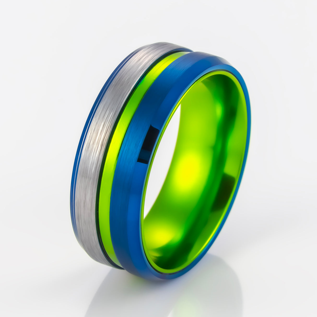 8MM - Green Tungsten Ring W/ Polished Blue beveled edges half brushed center