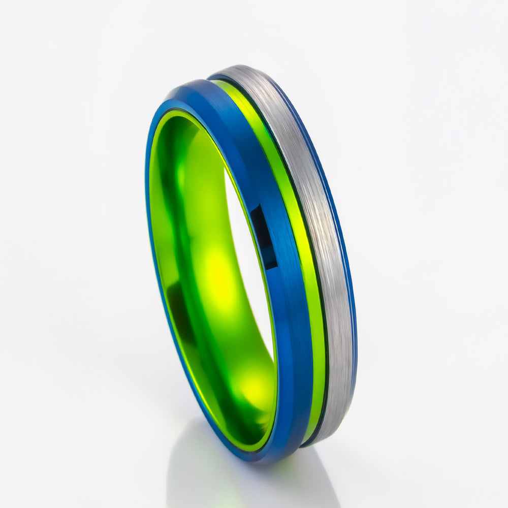 6MM - Green Tungsten Ring W/ Polished Blue beveled edges half brushed center