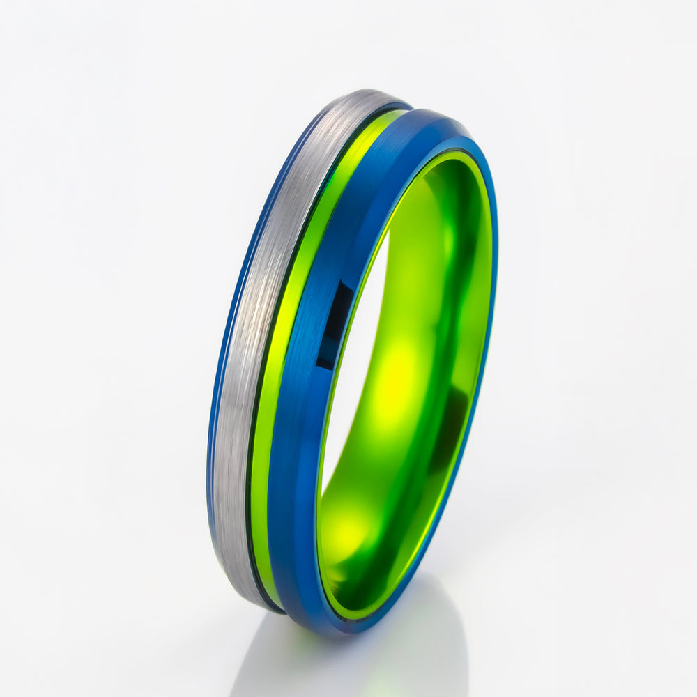 6MM - Green Tungsten Ring W/ Polished Blue beveled edges half brushed center
