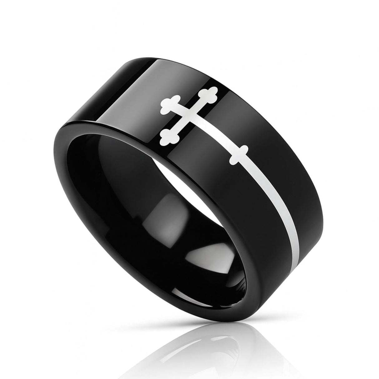 SIDEWAYS CROSS on Black Flat Tungsten Carbide Ring