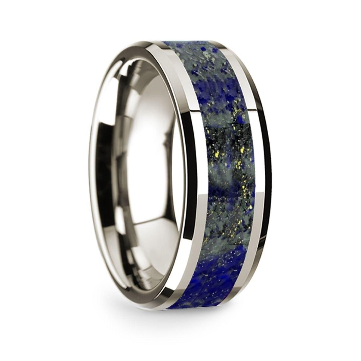 14k White Gold Polished Beveled Edges W/ Lapis Inlay - 8 mm