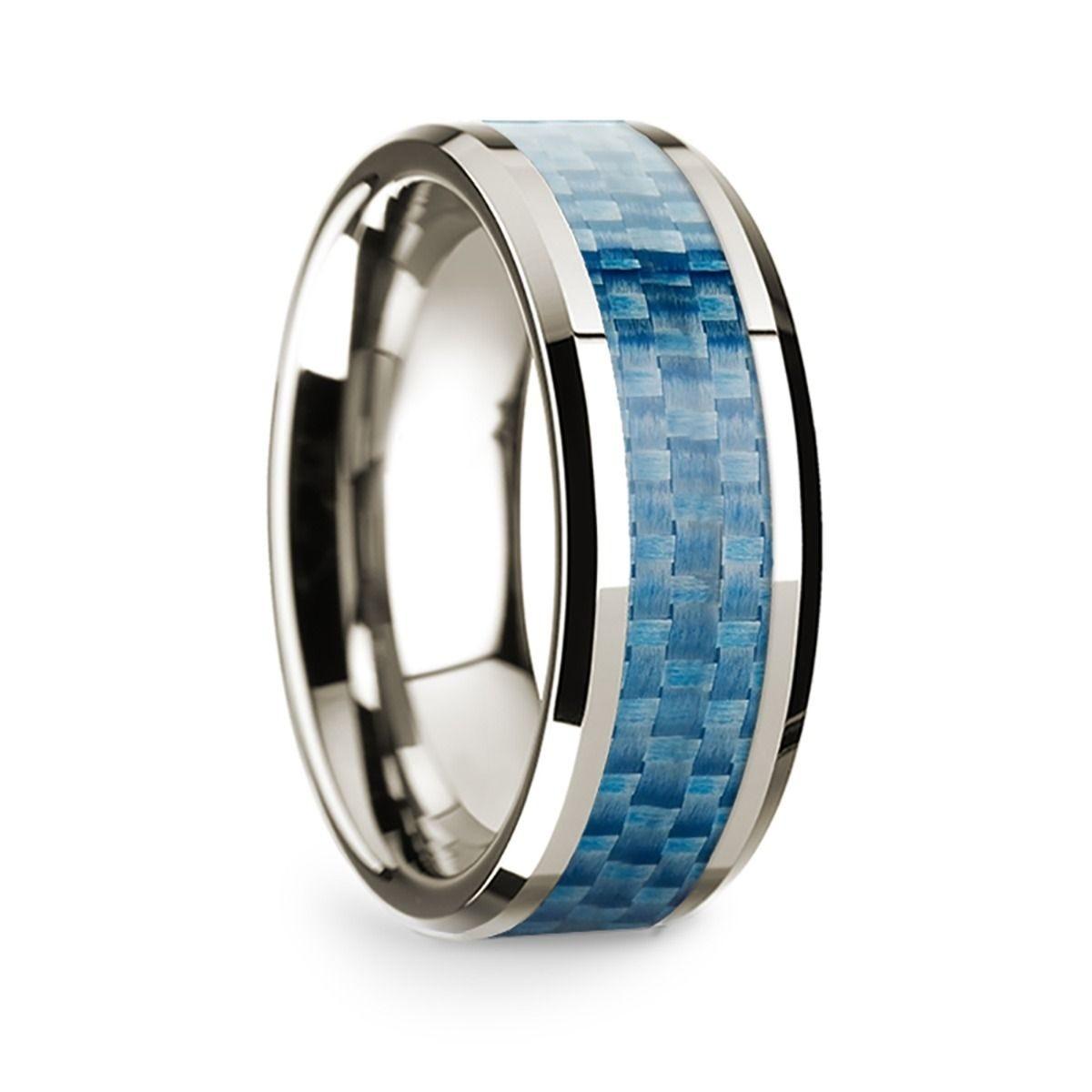 14k White Gold Polished Beveled Edges W/ Blue Carbon Fiber Inlay - 8mm