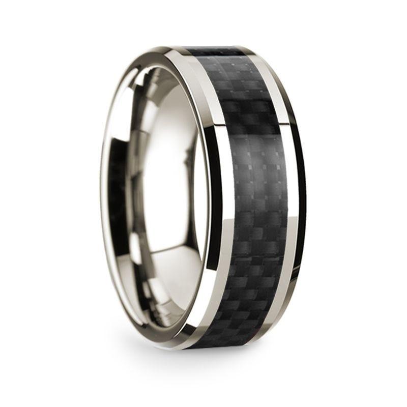 14k White Gold Polished Beveled Edges W/ Black Carbon Fiber Inlay - 8 mm