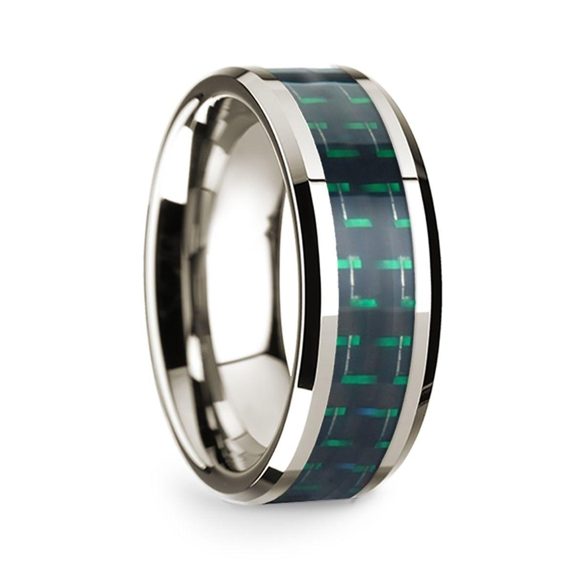 14k White Gold Polished Beveled Edges W/ Black and Green Carbon Fiber Inlay - 8mm
