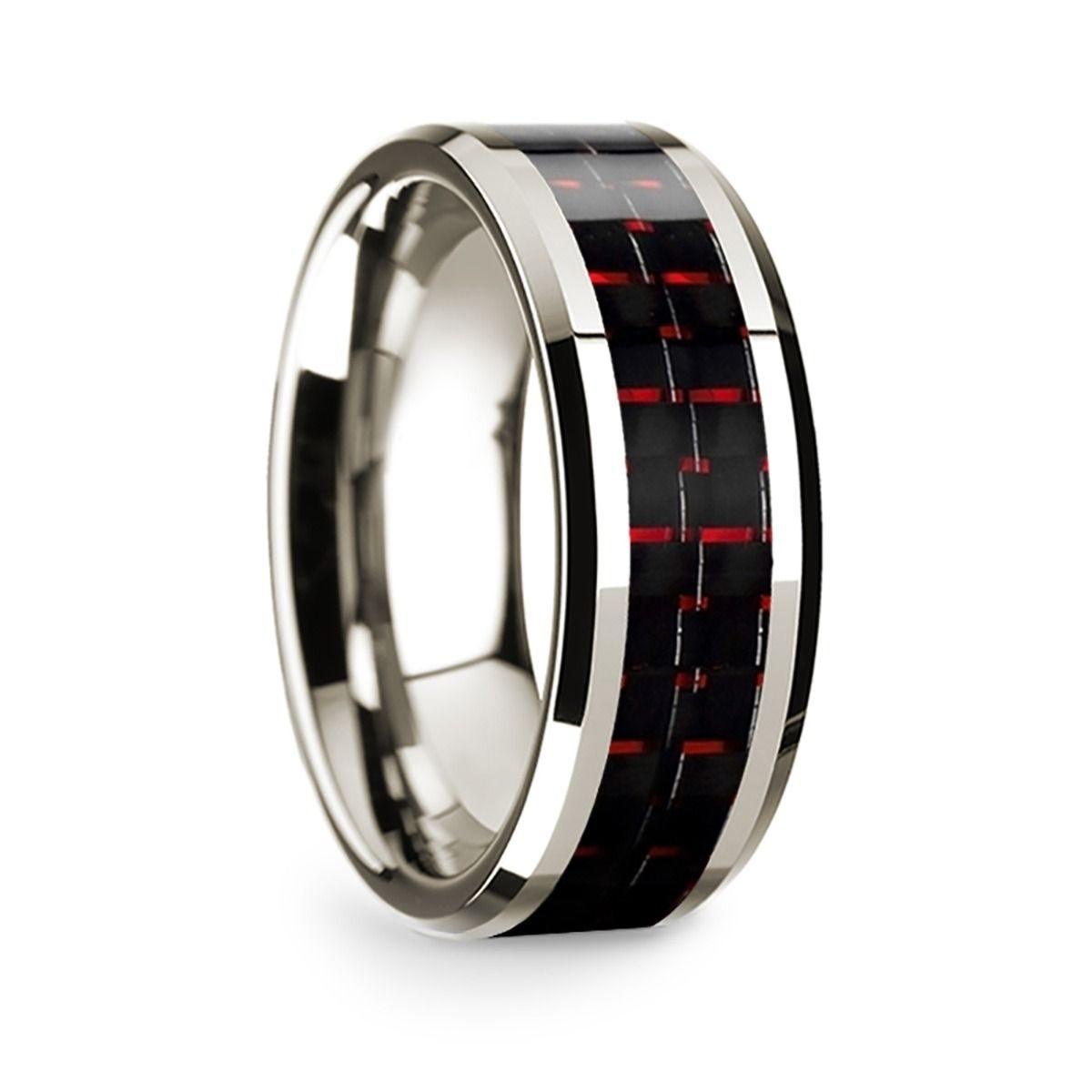 14k White Gold Polished Beveled Edges W/ Black & Red Carbon Fiber Inlay - 8mm