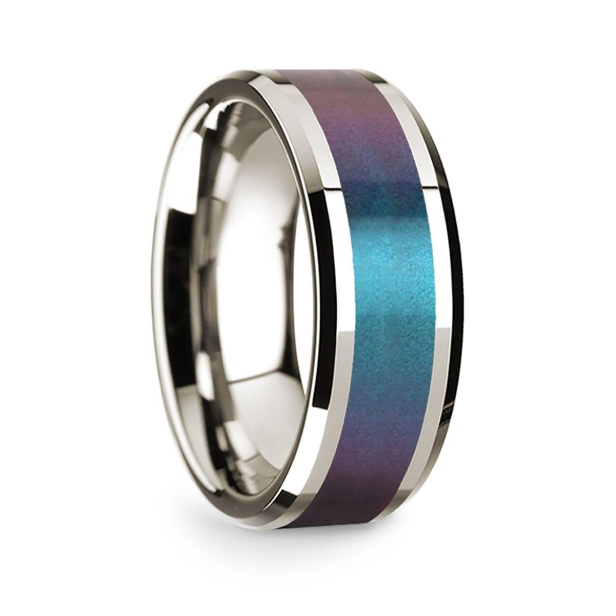 14k White Gold Polished Beveled Edges W/ Blue and Purple Color Changing Inlay - 8mm